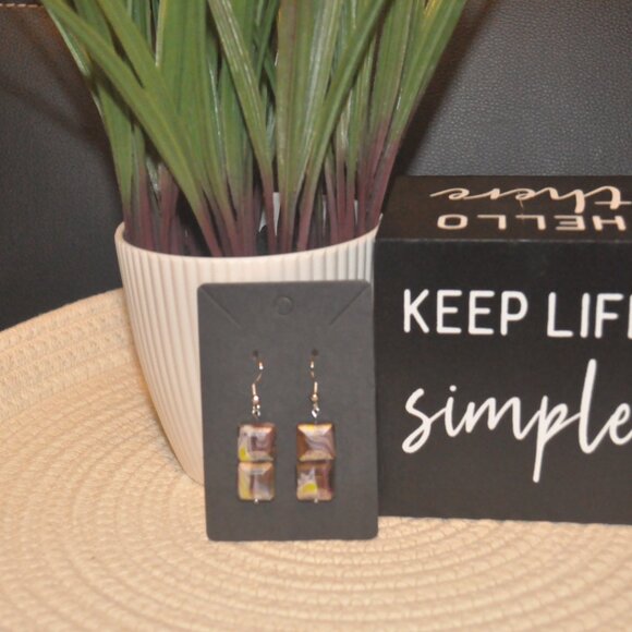 Iridescent Square Glass Bead Drop Earrings - Picture 3 of 6